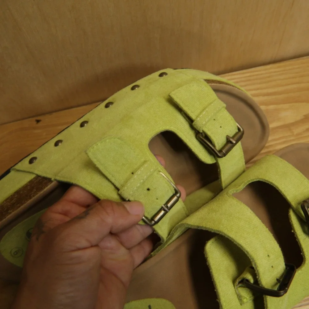 Shein Lime Green Faux Suede Platform Sandals Studded Double Strap Slides Size 9